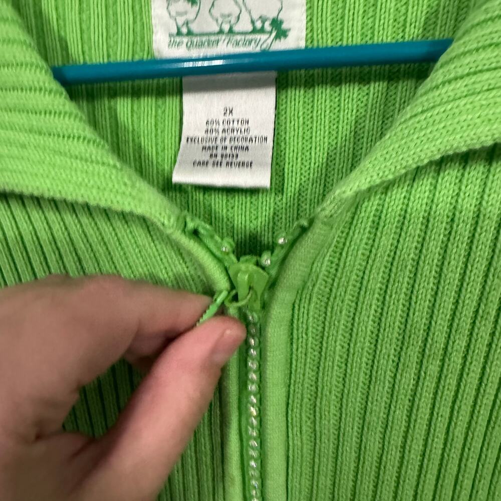 Vintage The Quacker Factory Bright Green Ribbed Full Zip Sweater Plus Size 2X - Picture 9 of 9